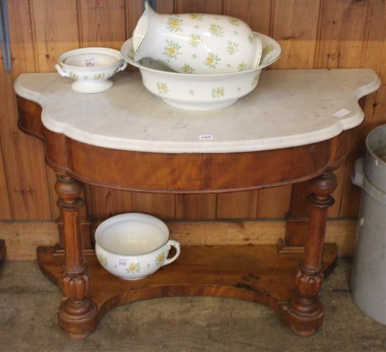 Victorian mahogany marble topped washstand, a jug,basin.soap dish and a potty, all Wedgwood china